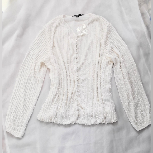 NWOT! Boston Proper Bright White Cardigan Pearl Embellished Women's Top Medium - Picture 13 of 16